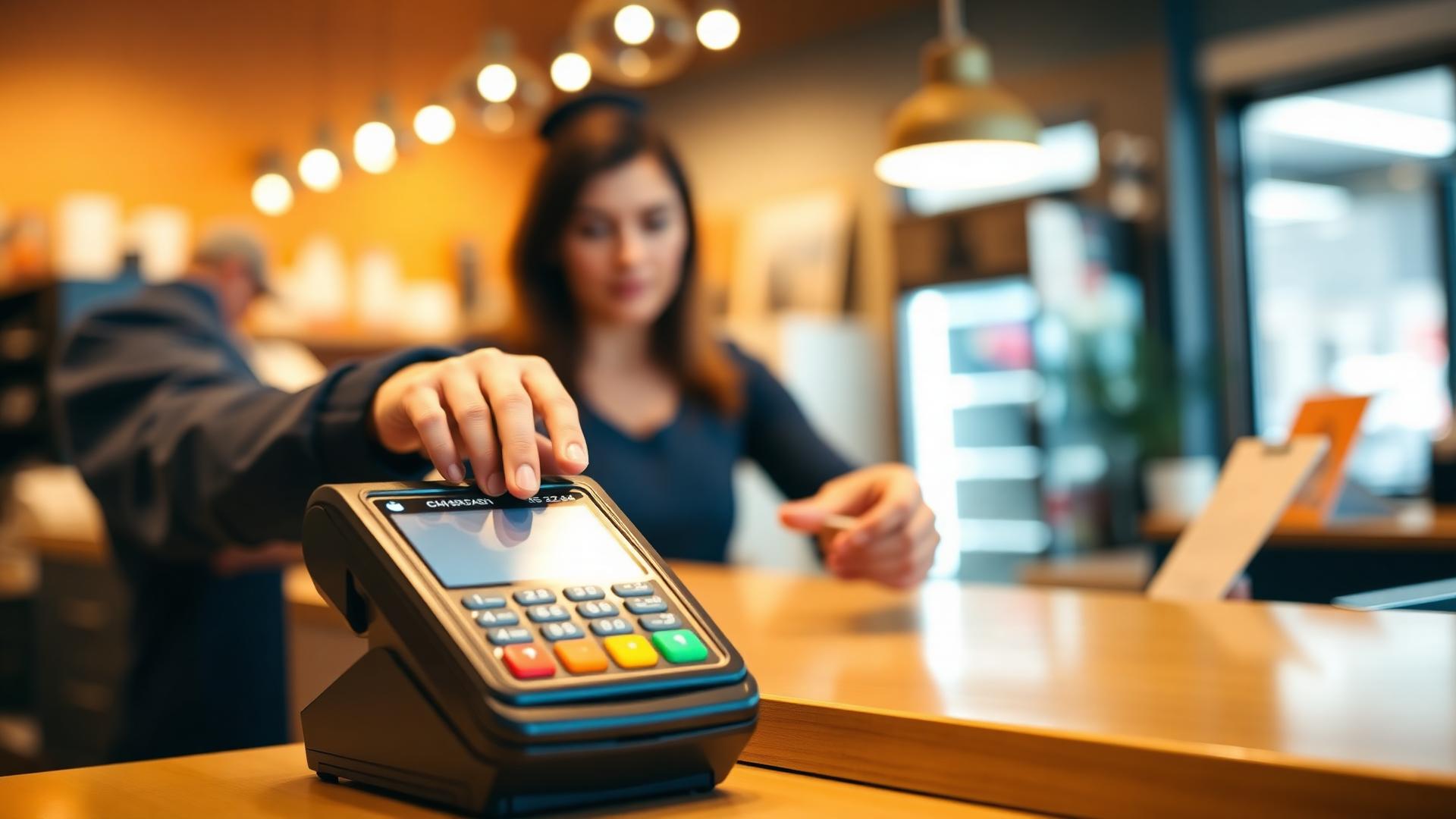 Customer tapping a card on a payment terminal at a Sacramento small business